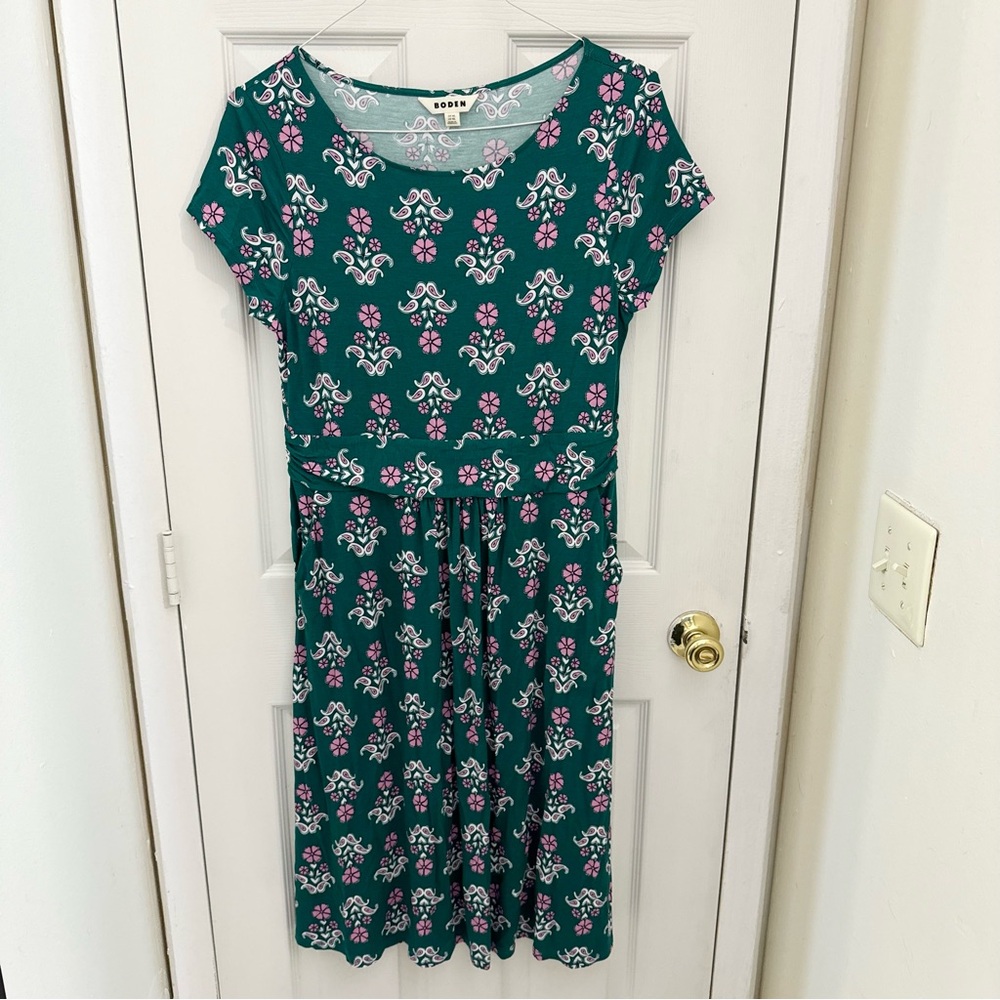 Boden Amelie Jersey Dress Size 12L Green Floral Paisley Midi Dress Women’s